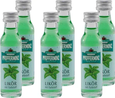 A group of small green bottles of peppermint liqueur.