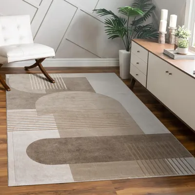 Produktbild von Teppich Wohnzimmer Schlafzimmer Kurzflor Geometrisch Bogen Abstrakt Beige Grösse 80x300 cm