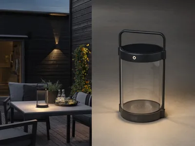 Produktbild von Konstsmide Solar-LED Laterne Crotone | schwarz | Indoor/Outdoor | Aluminum/Glas  | 2 Lichtfarben | Sensor integriert | Akkulaufzeit bis zu 20h | 7822-750