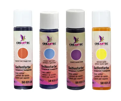 Produktbild von CREARTEC Seifenfarben Transparent 4er Set (Rot, Blau, Gelb, Violett) 40ml - Inhalt jeweils 10ml - zum Herstellen farbiger Seifen