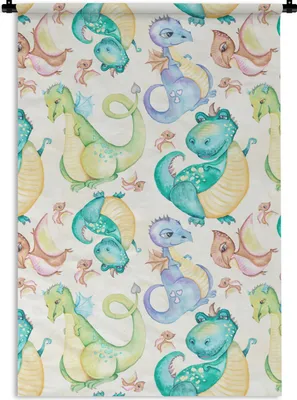 Produktbild von MuchoWow® Wandteppich Wandbehang Dinosaurier - Aquarell - Kinder - Jungen - Mädchen - Kinder 60x90 cm Tapisserie Dekoration Wandtuch - Foto-Teppich - Abwaschbar