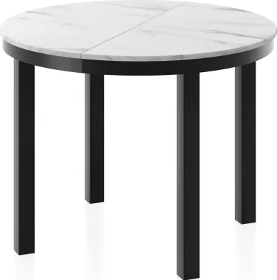 Produktbild von Runder Ausziehbarer Esstisch mit Schwarzem Metallgestell – Tisch mit Schwarzen Metallbeinen im Loft-Stil – Platzsparender Tisch für Wohnzimmer, Esszimmer oder Küche – Weißer Marmor – 100 bis 180 cm