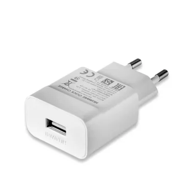 A white Huawei USB charger with a USB-A port and European plug prongs, shown against a white background.