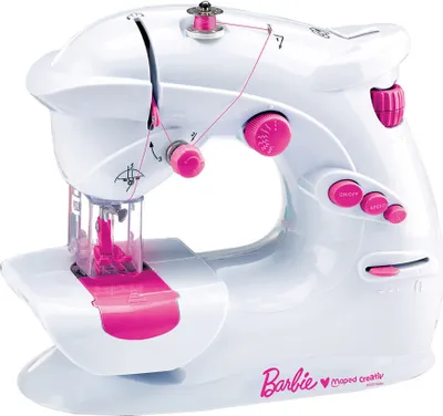 A white and pink Barbie sewing machine is shown from a slightly elevated front-left angle against a white background.