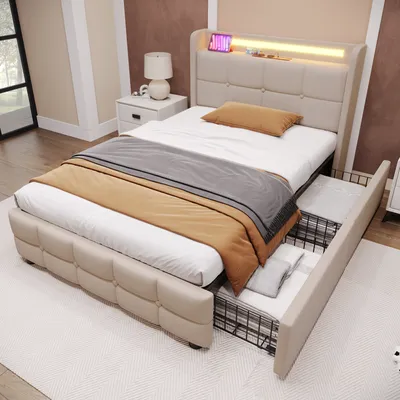Obrázek produktu pro MODFU Čalouněné postele 90 x 200 cm, Funkční postel jednolůžko s nabíjecí USB funkcí, LED osvětlení a 2 zásuvky (Bez matrace), Béžová