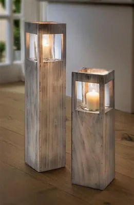 Produktbild von Windlichtsäule “Shabby-Charme” groß, 70 cm hoch, aus Holz & Glas, Dekosäule mit Kerzenglas, Bodenwindlicht, Holzsäule, Kerzensäule