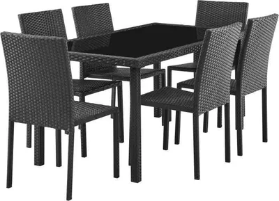 Image de Ensemble Repas de Jardin, Plateau en Verre Trempé, 6 Chaises en Résine Tressée Noir, Table 160x80x73 cm, Chaises 44x54x88 cm