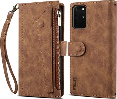 Image de Etui de protection pour Samsung Galaxy S20 Plus / S20 Plus 5G, étui en cuir avec fermeture éclair, portefeuille pliable avec fente pour cartes, support et boucle Marron