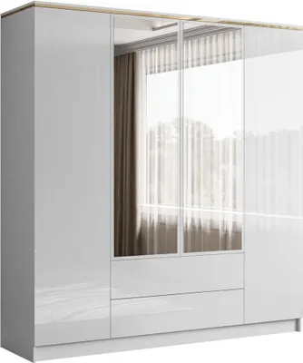 A white wardrobe with mirrored doors and wooden trim.