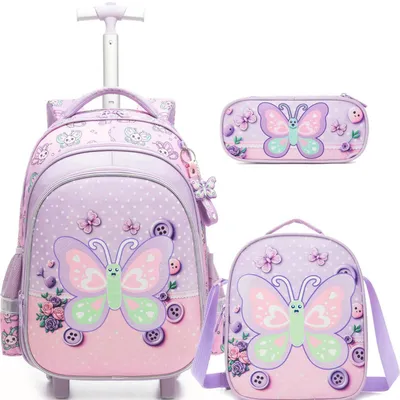 Produktbild von Rollrucksack mit Rädern für Mädchen Mint Set Schmetterling 3-in-1 Schulrucksack mit Federmäppchen und Lunchbox
