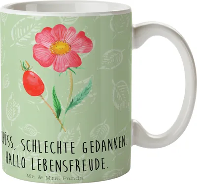 Produktbild von Mr. & Mrs. Panda Tasse Blume Hagebutte - Blattgrün - Geschenk, kaffeetasse bedruckt, Teetasse, Kaffeebecher, Garten, haferl, Lebensfreude, Becher, Schlechte Gedanken