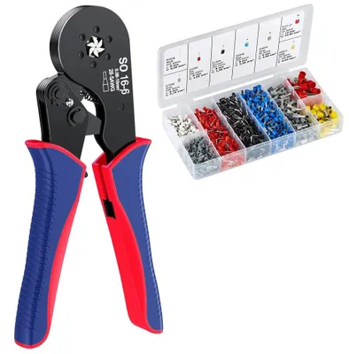 Immagine prodotto di Set di pinze a crimpare, in acciaio inossidabile, per cavi da 0,25-10mm², con meccanismo a cricchetto auto-regolante, completo di connettori per cavi e morsetti