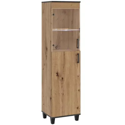 Image de Vitrine Beautysofa P4 avec éclairage LED, avec portes en verre et portes en bois, armoire de rangement de style loft (couleur : chêne Artisan)