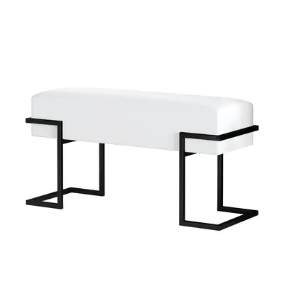 Zdjęcie produktu dla Ławka BETTSO CELY 80 z białym aksamitnym pokryciem ecru - designerska ławka z czarnym metalowym stelażem, 80 cm