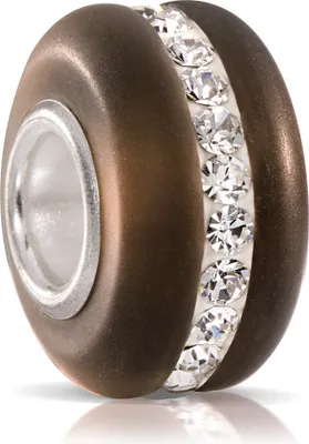 Brauner matter Glas Bead, mit weißen Kristallsteinen hochkant angereiht, leicht schräg fotografiert auf weißem Hintergrund.