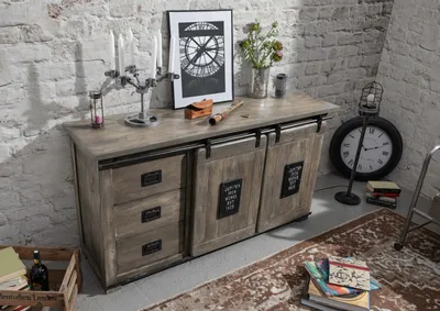 Produktbild von MASSIVMOEBEL24 Sideboard Mango 150x45x80 grau lackiert RAILWAY #200