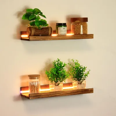 Immagine prodotto di Set di 2 mensole da parete sospese con luci LED, colore legno, 40 cm