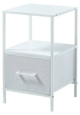Image de CASABEL Table de chevet blanche avec tiroir en tissu rigide, métal et bois, 30×30×50cm, table d’appoint pour chambre ou canapé