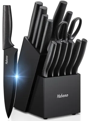 Immagine prodotto di Set di coltelli da cucina con ceppo - 14 pezzi - Acciaio inox - Nero - Lavabile in lavastoviglie
