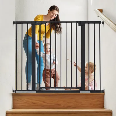 Obrázek produktu pro Comomy schodišťová branka, dveřní branka, dětská dveřní branka na upínání, kovová, nastavitelná šířka od 75-124 cm, barva: černá