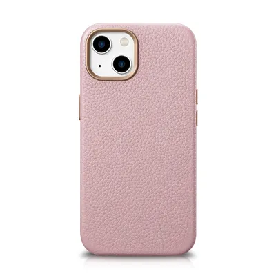 A pink leather phone case with a gold camera ring, shown from the back.