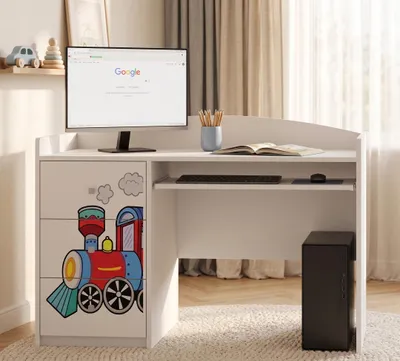 Produktbild von Weißer Kinderschreibtisch mit Schublade und Schrankfach, Schülerschreibtisch für Jungen & Mädchen, PC-Tisch Lerntisch mit Motiv, KI-generiertes Bild