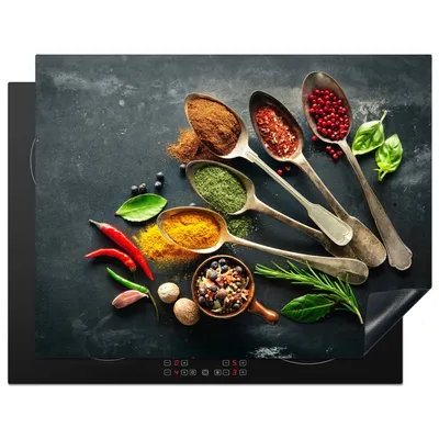 Produktbild von KitchenYeah© Herdabdeckplatte Löffel - Kräuter - Beton , 77x59cm, Küche Deko, Glaskeramikkochfeld Herdabdeckung, Abdeckplatte fùr Kochfeld