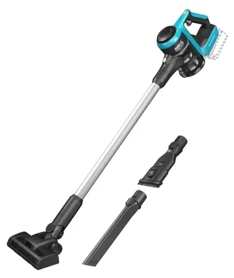 A cordless vacuum cleaner with attachments, displayed against a white background.