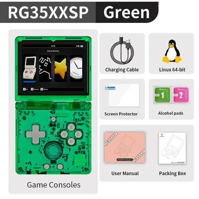 Immagine prodotto di Console portatile retrò pieghevole RG35XXSP - Display IPS da 8,9 cm - Sistema operativo Linux - Wi-Fi e Bluetooth - Uscita HDMI per TV - 64 GB di memoria con 5000 giochi preinstallati - Colore: verde