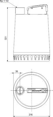 Technical drawing of a pump with dimensions and connection details.