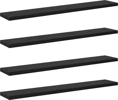 Four black shelves are arranged horizontally against a white background.