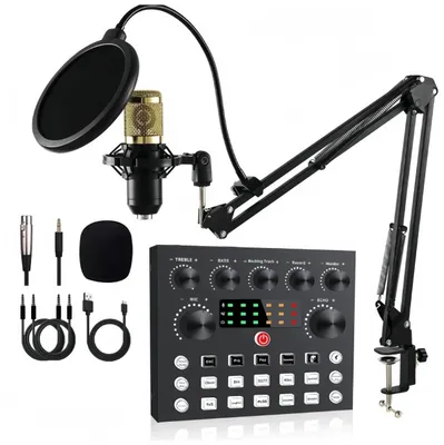 Immagine prodotto di Set microfono con scheda audio - Mixer Bluetooth - Senza fili - Per PC e smartphone - Registrazione e live streaming - Colore oro