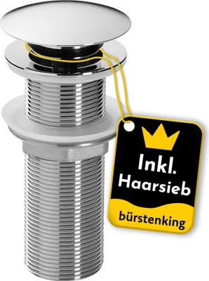 A chrome-plated sink drain assembly with a pop-up stopper and a yellow tag attached.