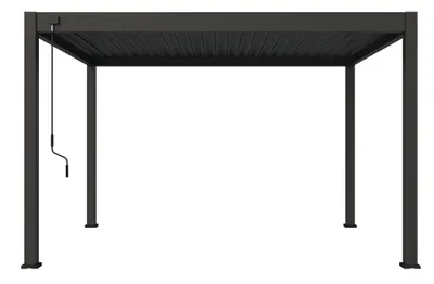 A freestanding pergola with a retractable roof and a crank mechanism.