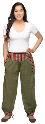 Produktbild von Haremshose Freizeithose Thamel Stoffhose mit breitem gewebtem Bund für Damen : grün L/XL Farbe: Grün Größe: L/XL