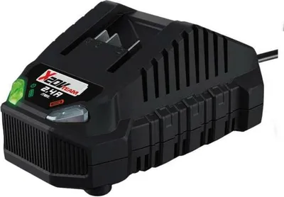 A black battery charger is shown against a white background.