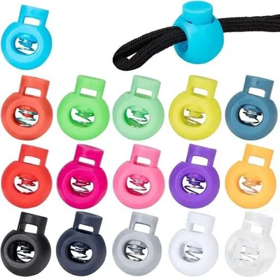 Productafbeelding van Gekleurde koordklemmen, koordstoppers, met één gat, veerklemmen voor trekkoorden, rugzakken, 16 kleuren, 80 stuks, kleur: 2,3 x 1,8 cm