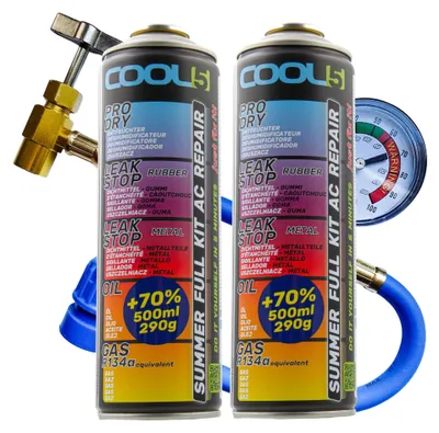 Obrázok produktu pre Sada klimatizačných chladiacich prostriedkov 2x 5-v-1 + hadica Cool5 pre klimatizáciu, náhradná, R134a