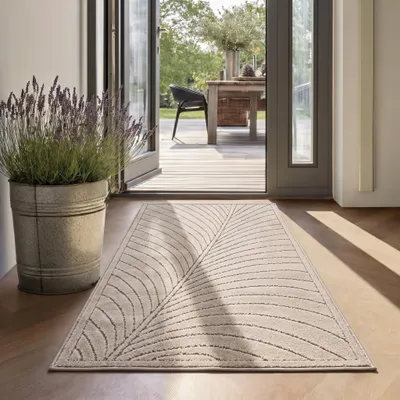 Produktbild von SIMPEX Kurzflor Teppich Läufer 80x150 cm Beige Wohnzimmer Schlafzimmer 3D Hoch-Tief-Effekt, Skandinavisch Boho Motiv, für Outdoor Bereich geeignet Terrassen oder im Balkon, KI-generiertes Bild