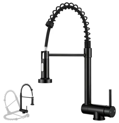 Image de Robinet de cuisine noir, extractible, pivotant à 360°, avec 2 types de jets, faible hauteur de levier, installation à un trou, haute pression