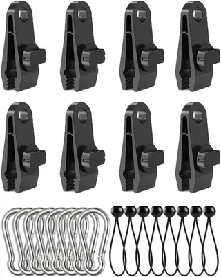 Produktbild von Zeltplanen-Clips 24er Set, mit Krokodilmaul-Clips und Karabinern, für Camping