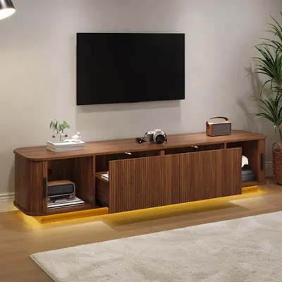 Produktbild von Merax TV Lowboard mit LED Beleuchtung, TV Schrank mit Schubladen Wellenmuster, Wohnzimmerschrank mit Schiebetüren in Rillenoptik, Fernsehbank,Nussbaum