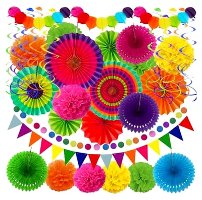 Produktbild von Fiesta Partydekorationen, Bunte Papierfächer, Pompons und Ballongirlanden für Fiestageschenke