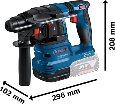 A blue and black rotary hammer drill with measurement indicators.