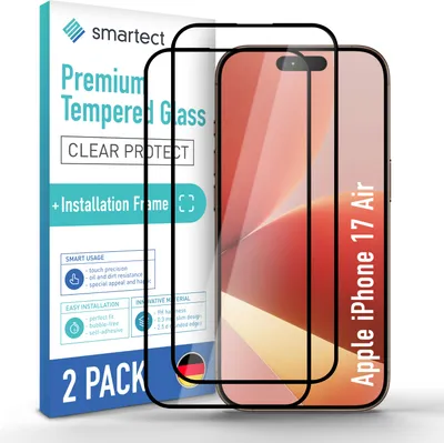 A product shot of two screen protectors for an Apple iPhone 17 Air, presented in its packaging with an installation frame.