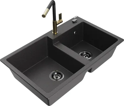 Produktbild von Mexen Tomas 2-Becken-Granitspüle mit Mischbatterie Flora, Schwarz gesprenkelt - 6516-76-670401-57-B