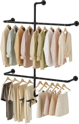 Produktbild von Industrielle Kleiderstange mit Sockelleiste für Wandmontage - Metalljassenrek für Schlafzimmer - Schwarz mit offenem Kapstok