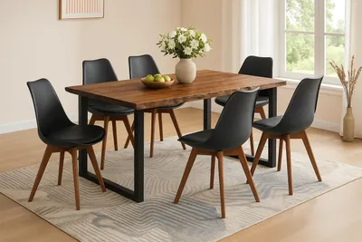 Produktbild von Essgruppe 7tlg. 220 x 100 cm Baumkante Akazie nussbaum massiv 6x Schalenstühle Schwarz U-Gestell Schwarz QUINN