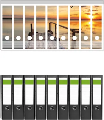 Produktbild von Wallario 9 Stück breite Ordner inkl. Klebeetiketten mit Motive Sonnenuntergang über dem See  idyllischer Steg -  Set mit Rückenschildern / Ordnerrücken Stickern