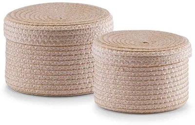 Produktbild von Ibenzoa® Geflochtenes Aufbewahrungs-Korbset, 2-teilig mit Deckeln, rund, Polypropylen, Ø16x10 cm & Ø17x12 cm